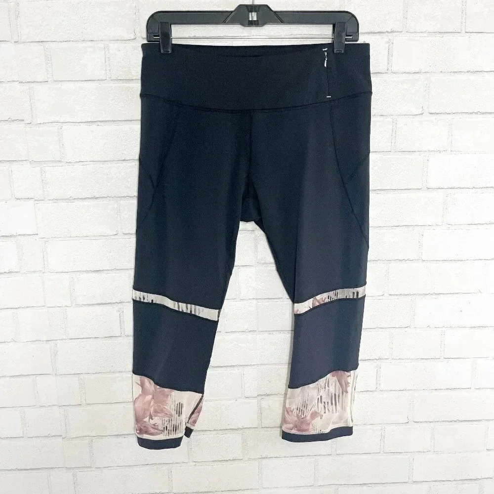 Calia by Carrie Underwood Black Floral Mesh Trim Cropped Leggings Women's Large